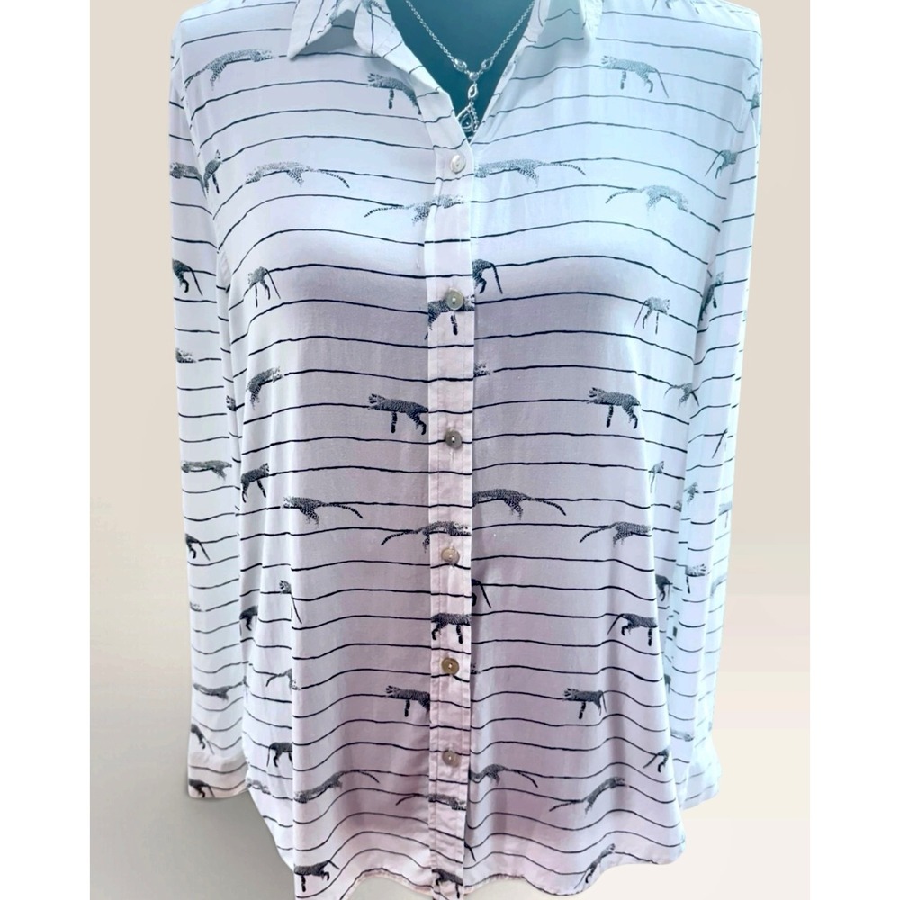 Jane and Delancey White Leopard Print Striped Button Down Shirt SZ M